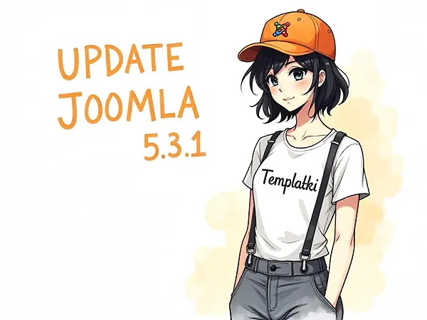 Ilustracja młodej dziewczyny w stylu anime w czapce z logo Joomla i koszulce z napisem 'Templatki', obok ręcznie pisanego tekstu 'Update Joomla 5.3.1