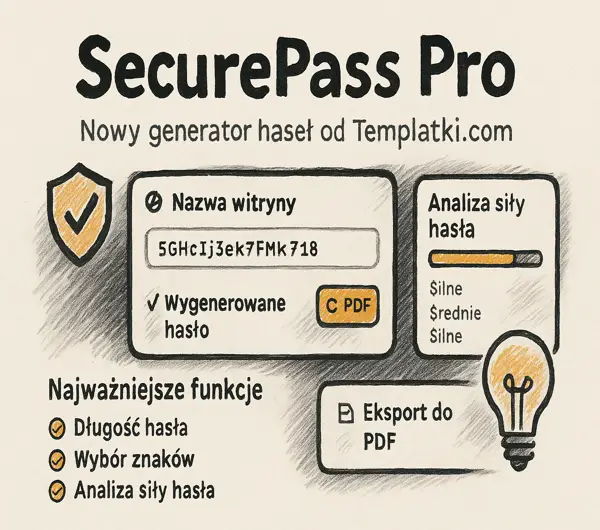 SecurePass Pro – ręcznie rysowana ilustracja generatora haseł od Templatki.com w kolorystyce czarno-pomarańczowo-szarej z funkcjami długości hasła, wyboru znaków, analizą siły i eksportem do PDF