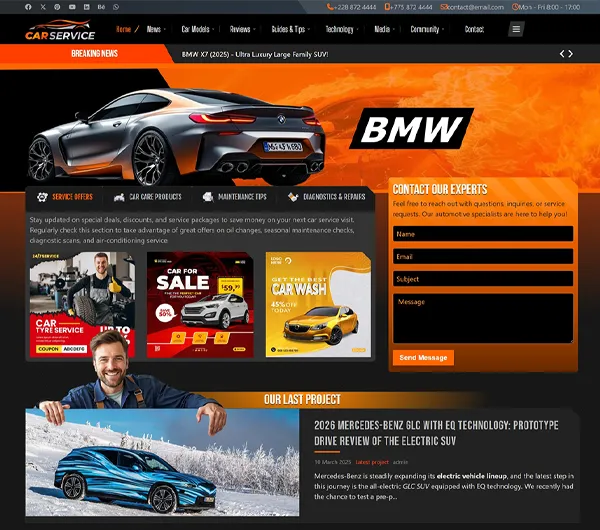 Projekt strony internetowej warsztatu samochodowego z ofertą serwisową, produktami do aut, poradami i formularzem kontaktowym. W nagłówku znajduje się samochód BMW, reklamy promocji serwisowych, realizacja ostatniego projektu oraz zdjęcia ekspertów pracujących w serwisie. Kolorystyka jest utrzymana w pomarańczowo-czarnych barwach, co nadaje stronie dynamiczny i profesjonalny wygląd.