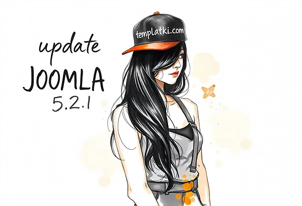 Ilustracja kobiety w czapce z daszkiem z napisem "templatik.com", obok napisu "update JOOMLA 5.2.1" na białym tle z pomarańczowymi akcentami.