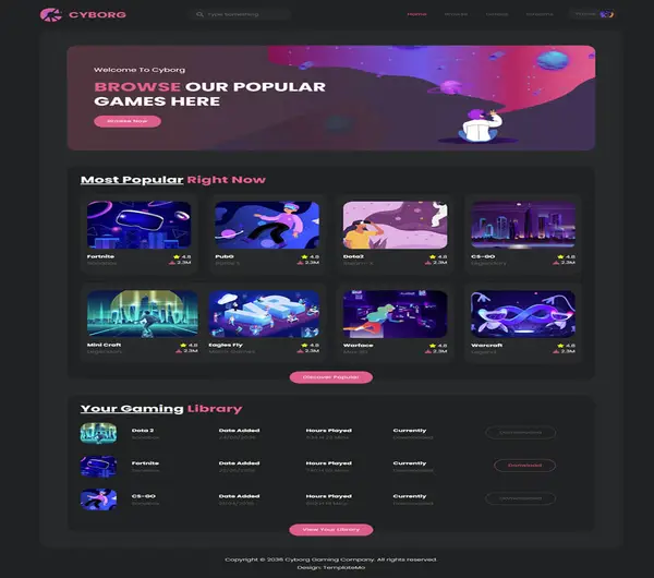 Screenshot of the Cyborg Gaming Template featuring a darkgray layout with pinky highlights, game listing and featured games carousel.