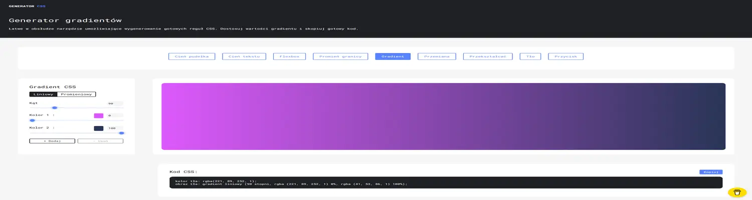 Screenshot of the Simple CSS Generator website interface, showcasing various customization features like box shadow, text shadow, and flexbox.
