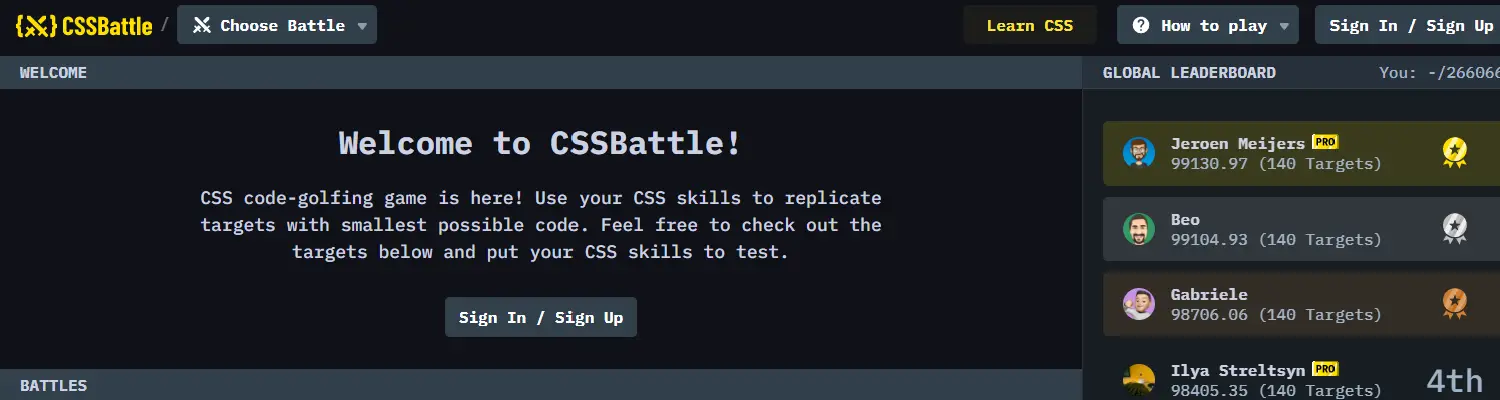 Screenshot of the CSS Battle homepage, showcasing various coding challenges and community rankings