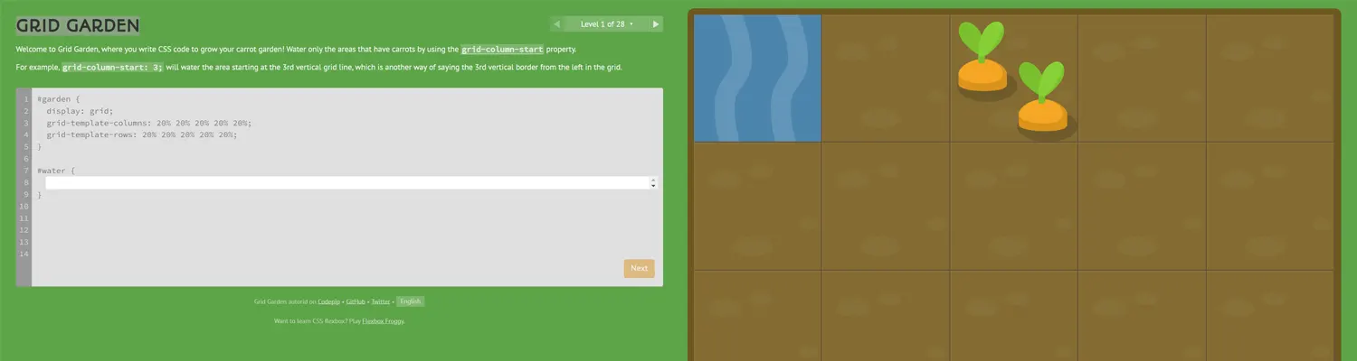 Screenshot of the Grid Garden interface showing a virtual garden where users practice CSS Grid layout techniques