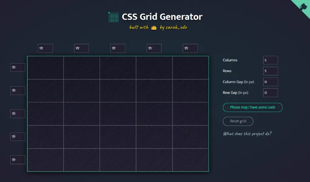 Widok interfejsu narzędzia CSS Grid Generator z ustawioną siatką 5x5. Po lewej i górnej stronie widoczne są jednostki "1fr", reprezentujące równomierny podział siatki. Z prawej strony panel z ustawieniami kolumn, wierszy oraz odstępów, a poniżej przycisk generowania kodu CSS i resetowania siatki.