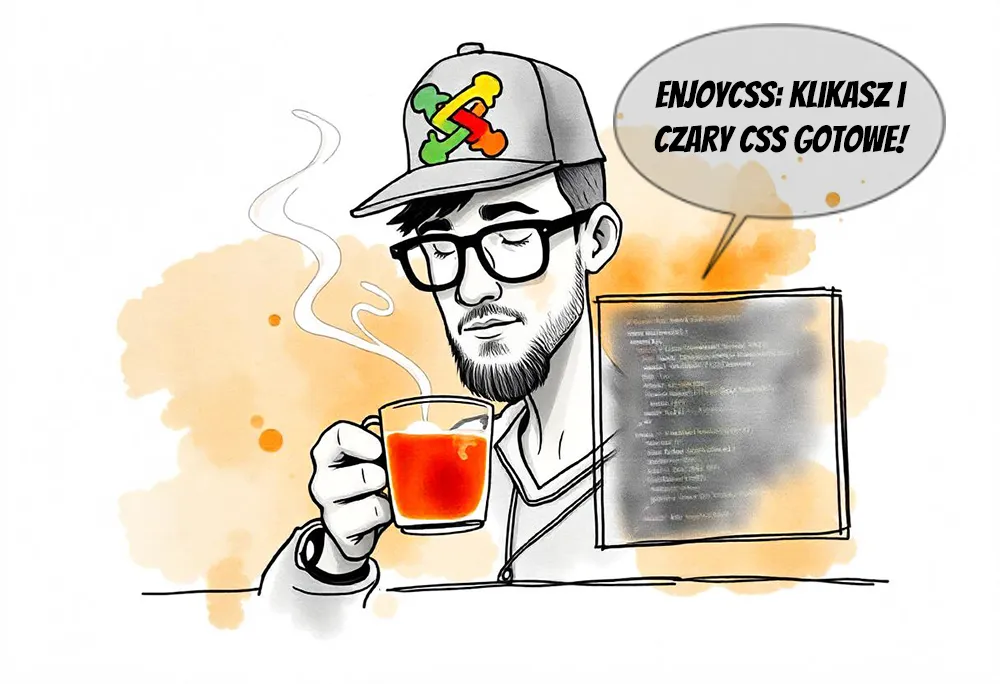 Zrzut ekranu przedstawia osobę popijającą kawę/herbatę z tekstem w dymku: „EnjoyCSS: Klikasz i czary CSS gotowe!”. W tle widać fragment kodu CSS, a czapka bohatera zdobi logo, które przypomina symbole związane z technologiami webowymi.