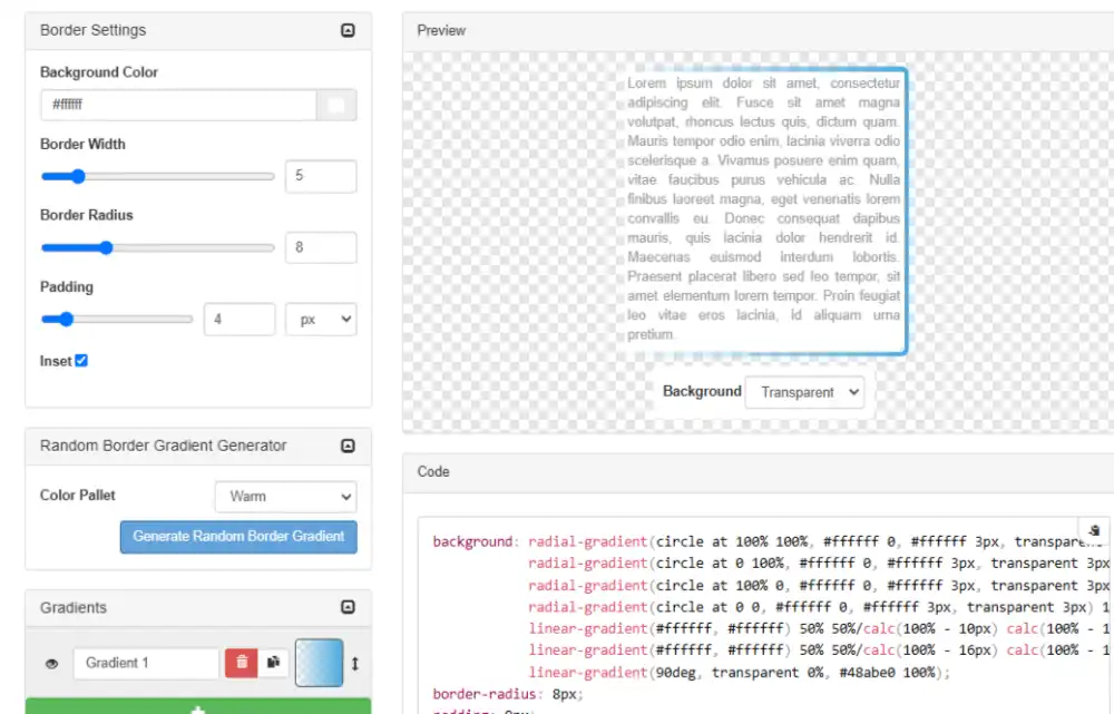 Interfejs narzędzia do generowania gradientowych obramowań CSS z ustawieniami koloru, szerokości i promienia obramowania, oraz podglądem wygenerowanego kodu CSS na żywo.