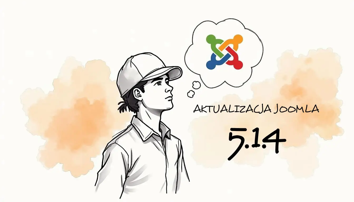 Rysunek osoby w czapce, myślącej o aktualizacji Joomla 5.1.4, z logiem Joomla w dymku myśli. Tekst: Aktualizacja Joomla 5.1.4.