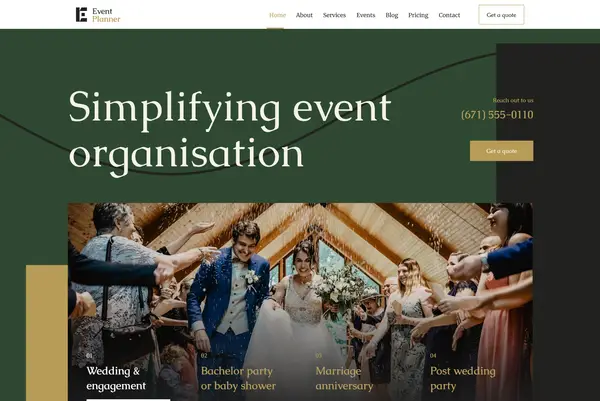 Event Planner Joomla Template displayed in a visually stunning homepage layout